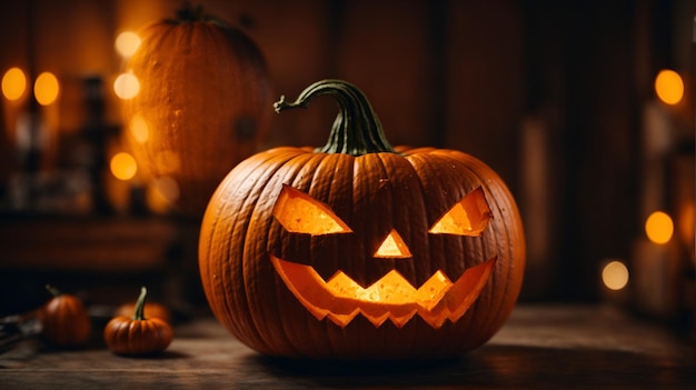 zucca di halloween con luci e atmosfera oscura