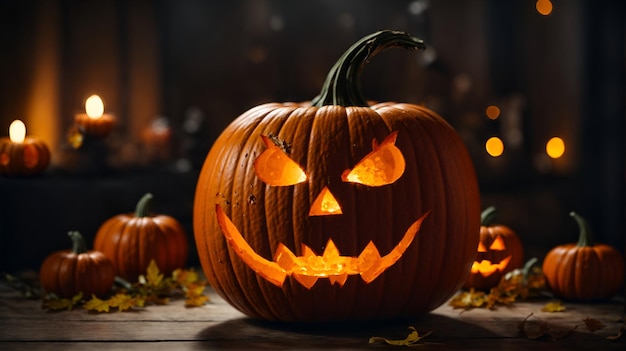 zucca di halloween con luci e atmosfera oscura