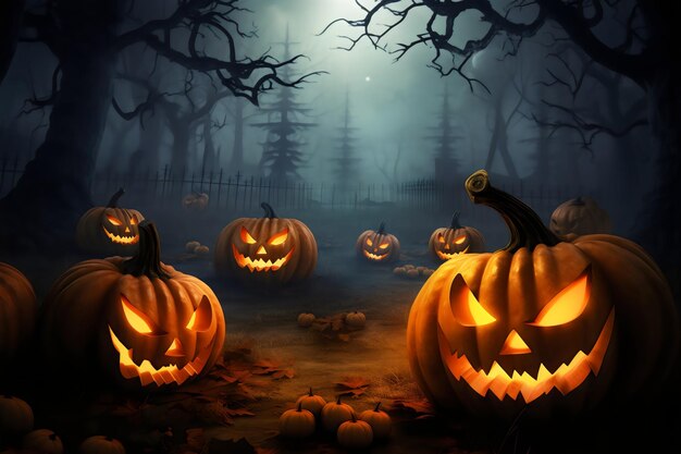 Zucca di Halloween con sfondo notturno spaventoso creata con l'intelligenza artificiale generativa