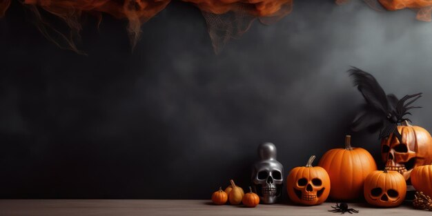 Zucca di Halloween con sfondo scuro con candele, fumo e pipistrelli su sfondo nero Grande spazio vuoto per il testo del simbolo helloween spettrale