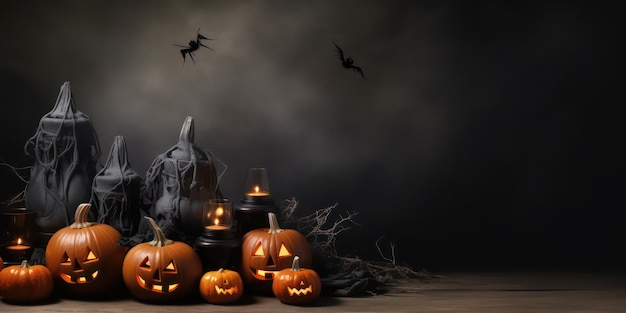 Zucca di Halloween con sfondo scuro con candele, fumo e pipistrelli su sfondo nero Grande spazio vuoto per il testo del simbolo helloween spettrale