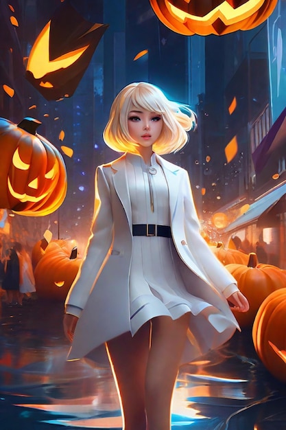 Zucca di Halloween di New York della ragazza anime coreana di Crepuscolo urbano incantato