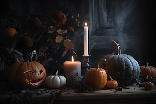 Zucca di Halloween e candela sul pavimento di legno nell'interno scuro ai immagine generata