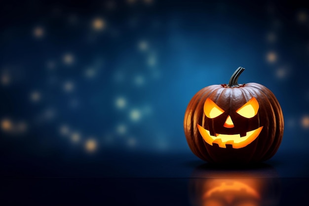 zucca di Halloween illuminata da una lanterna su uno sfondo blu