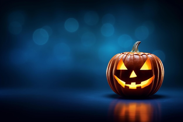 zucca di Halloween illuminata da una lanterna su uno sfondo blu