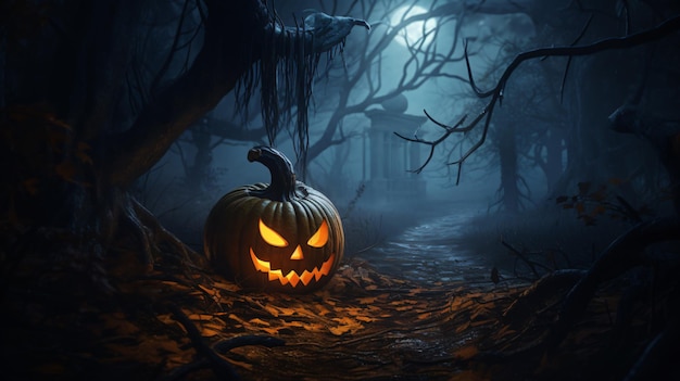 Zucca di Halloween in una foresta spettrale di notte