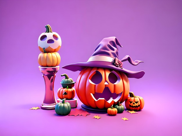 zucca di Halloween indossare cappello da strega su sfondo viola generato dai