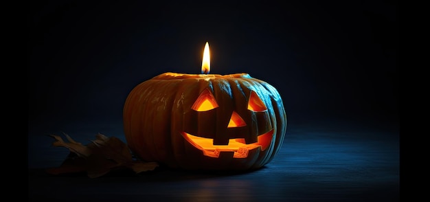 Zucca di Halloween Jacko'Lantern con luce su sfondo nero IA generativa