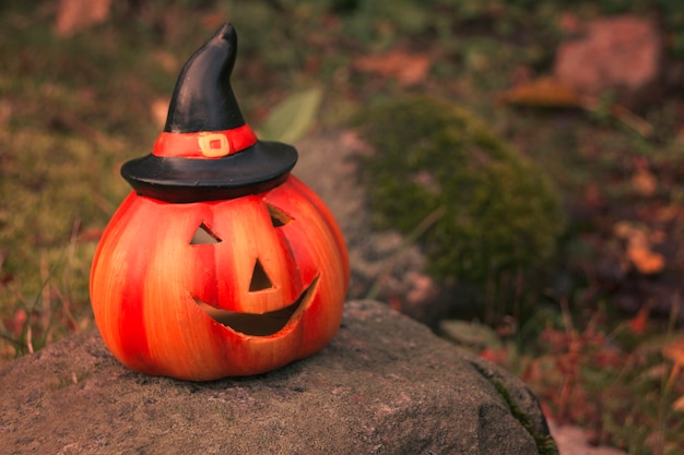 Zucca di Halloween nella foresta. Umore autunnale. Foto della scena magica autunnale