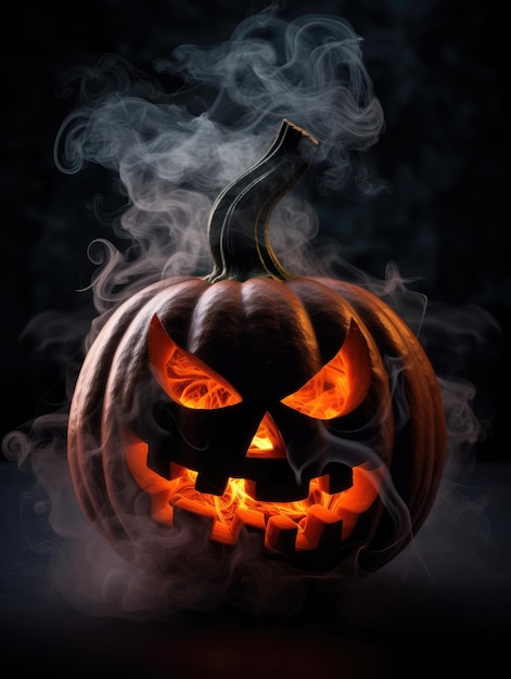 Zucca di Halloween spaventosa con atmosfera nebbiosa e fumo cinematografico