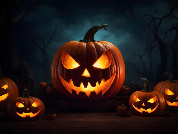 Zucca di Halloween spettrale Sfondo Glowing Face Pumpkin ai generato