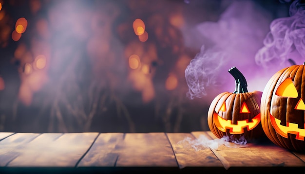 Zucca di Halloween su un tavolo di legno con uno sfondo horror sfondo di Halloween