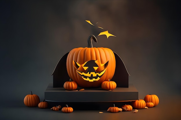 zucca di halloween su uno sfondo generato dall'intelligenza artificiale in stile arte carta podio