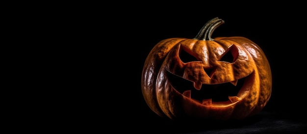 Zucca di Halloween su uno sfondo mistico scuro Illustrazione di intelligenza artificiale generativa Spazio per il testo