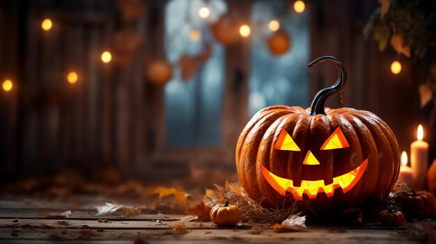 zucca di halloween sul pavimento di legno con sfondo bokeh generativo ai