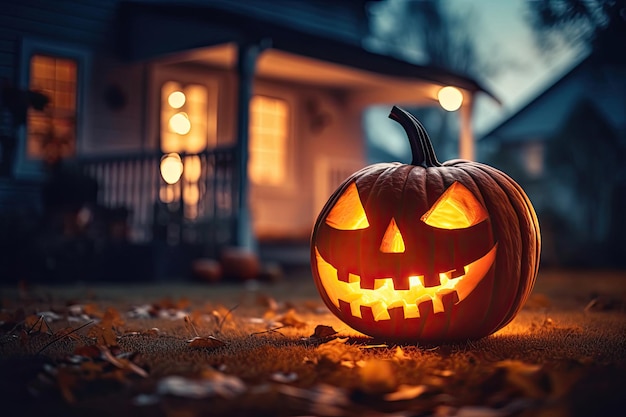 zucca di Halloween vicino alla casa di notte AI generativa