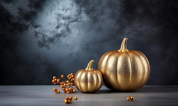 Zucca di lusso dorata su sfondo scuro con spazio di copiaHalloweenAutumn conceptElegante alla moda