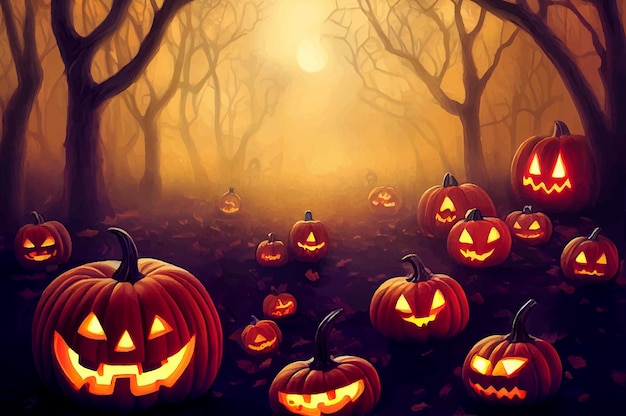 Zucca diabolica di Halloween nella foresta il illustratio di notte di Halloween, illustrazione della zucca di Halloween