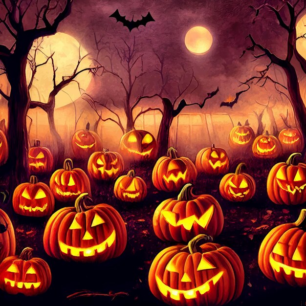 Zucca diabolica di Halloween nella foresta sull'illustrazione di notte di Halloween, illustrazione della zucca di Halloween