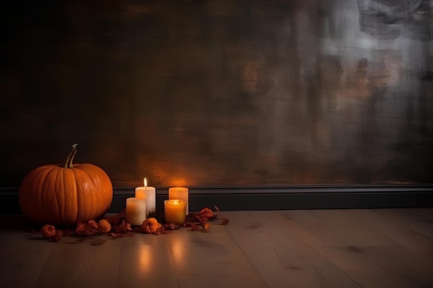 Zucca e candela di Halloween sul pavimento di legno con l'immagine generata dello spazio della copia ai