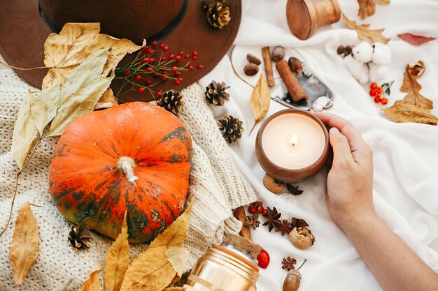 Zucca e candela in mano con frutti di bosco foglie autunnali aniseherbs ghiande noci cannella cotone su maglione lavorato a maglia bianco Hygge stile di vita accogliente umore autunnale Felice Ringraziamento