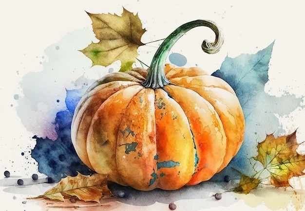 Zucca e foglie d'autunno su sfondo bianco Stampa zucca acquerello per libretto di copertina