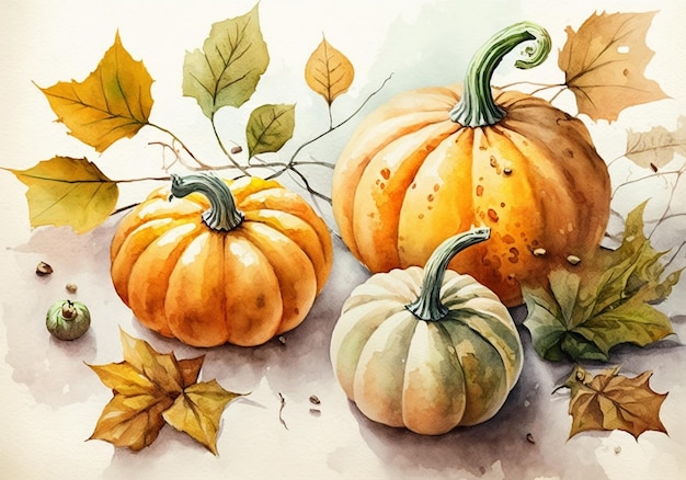 Zucca e foglie d'autunno su sfondo bianco Stampa zucca acquerello per libretto di copertina