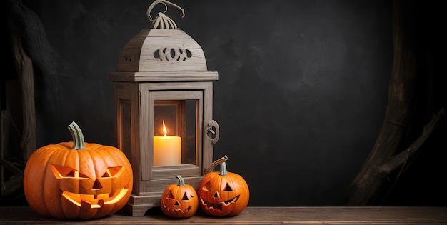 zucca e lanterna di Halloween su un tavolo di legno rustico spazio vuoto sul lato destro