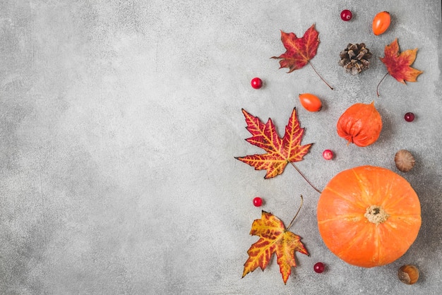 Zucca, foglie d'autunno, fiori, bacche e noci