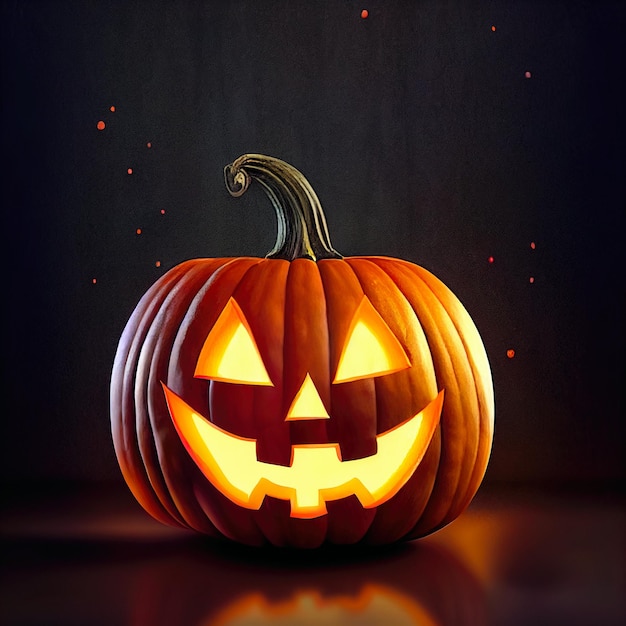 Zucca incandescente di Halloween Jack-O'-Lantern con particelle in un'illustrazione raster scura.