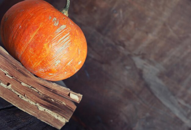 Zucca intera sul vecchio libro di legno