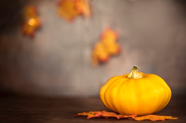 Zucca matura e foglie di autunno sulla tavola di legno su fondo marrone con lo spazio della copia decorativo c