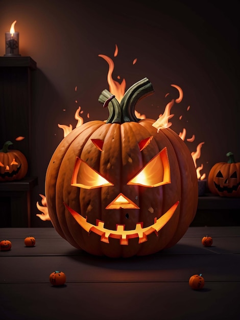 Zucca nera di Halloween nel fuoco