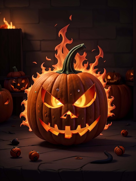 Zucca nera di Halloween nel fuoco