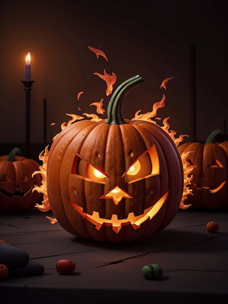 Zucca nera di Halloween nel fuoco