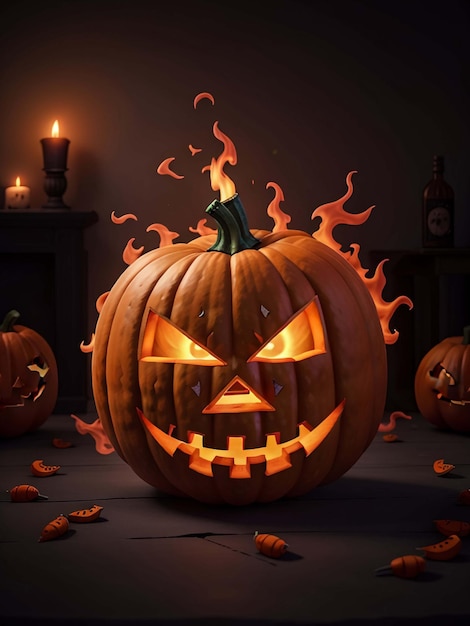 Zucca nera di Halloween nel fuoco