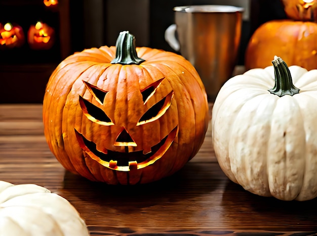 Zucca realistica Halloween con colori neutri illuminazione calda atmosfera accogliente altamente dettagliata in una vista in primo piano di un ristorante vuoto Generazione di intelligenza artificiale generata