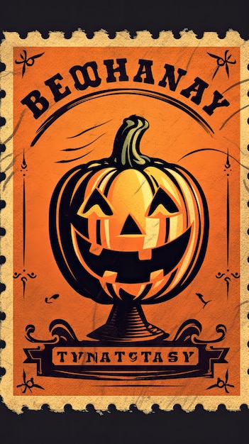 zucca sorridente carino francobollo retro vintage anni '30 poster di scansione di illustrazioni di vernice di Halloween