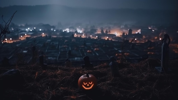 Zucca spaventosa di Halloween con il fuoco nel cimitero di notte sullo sfondo della tomba AI generato