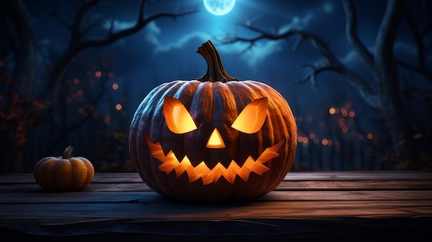 Zucca spaventosa di Halloween con occhi luminosi su assi di legno di notte