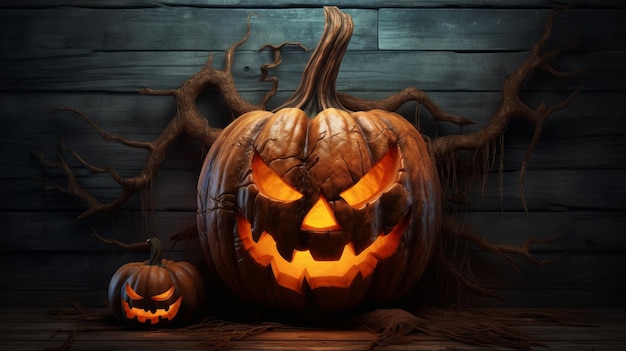 Zucca spaventosa di Halloween con occhi luminosi su tavole di legno