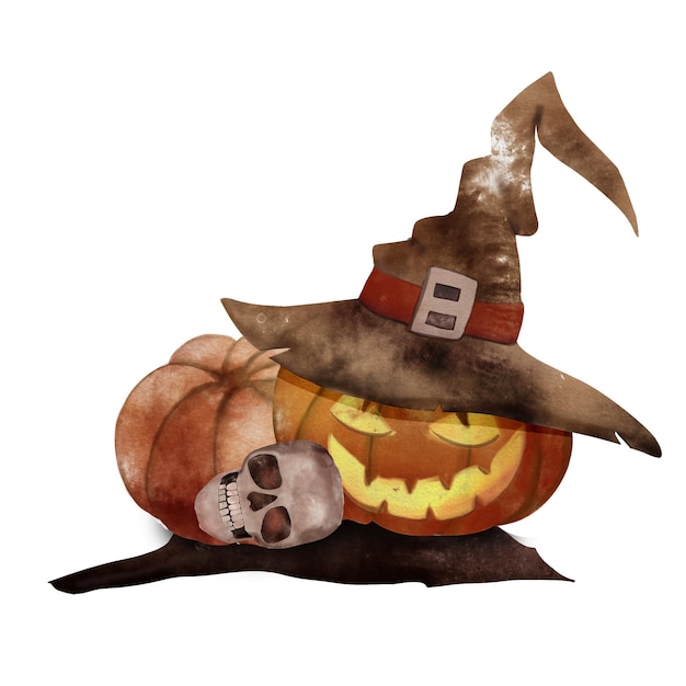Zucca spaventosa in un cappello Illustrazione ad acquerello per Halloween su sfondo bianco isolato