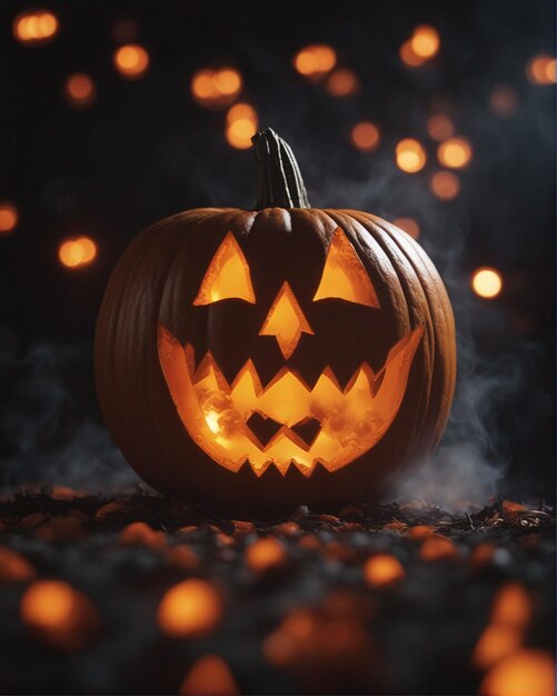 Zucca spettrale che brilla al buio Celebrazione di Halloween con uno sfondo di fumo horror generato dall'ai