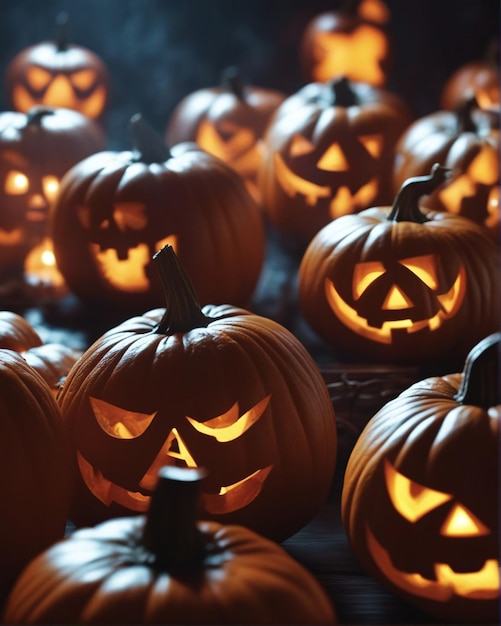 Zucca spettrale che brilla al buio Celebrazione di Halloween con uno sfondo di fumo horror generato dall'ai