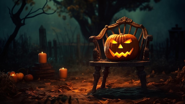 Zucca spettrale di Halloween JackO'Lantern su una sedia