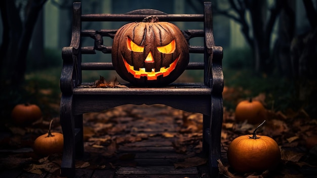 Zucca spettrale di Halloween JackO'Lantern su una sedia