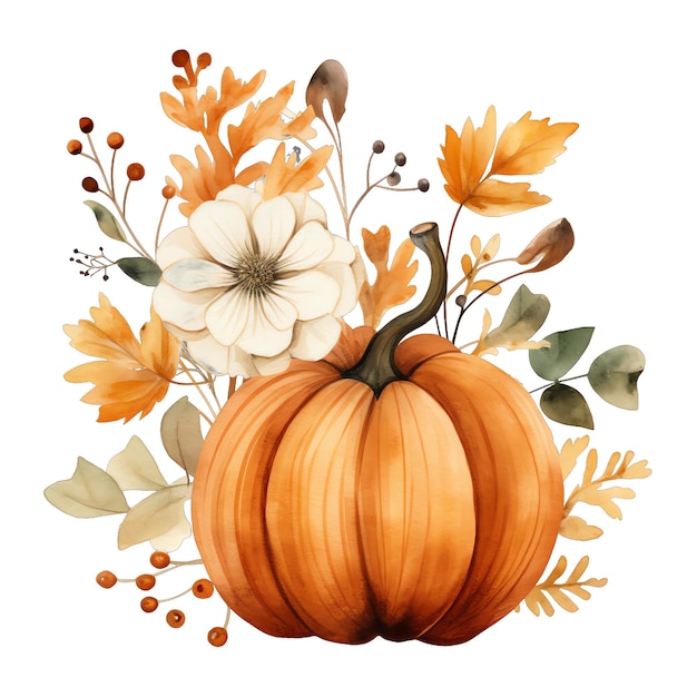 Zucca sveglia di autunno di caduta dell'acquerello con l'illustrazione della decorazione di autunno della decorazione di halloween dei fiori