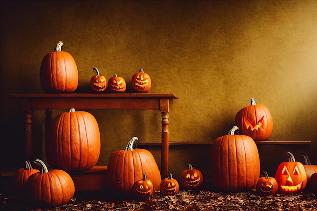 Zucche arancioni sdraiate sul tavolo Foglie sul pavimento brillano zucche per Halloween