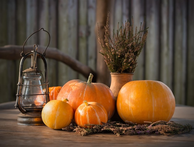 Zucche autunnali Il giorno del Ringraziamento Sfondo Zucche arancioni di Halloween sul tavolo di legno