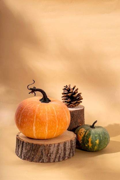 Zucche autunnali su un podio in legno autunno halloween concetto foto verticale con spazio libero per il testo